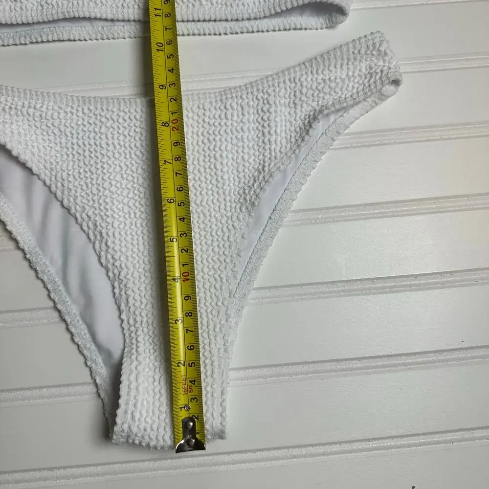 Women White One Shoulder Ribbed Bikini Set Textured High Cut Size Medium NWOT